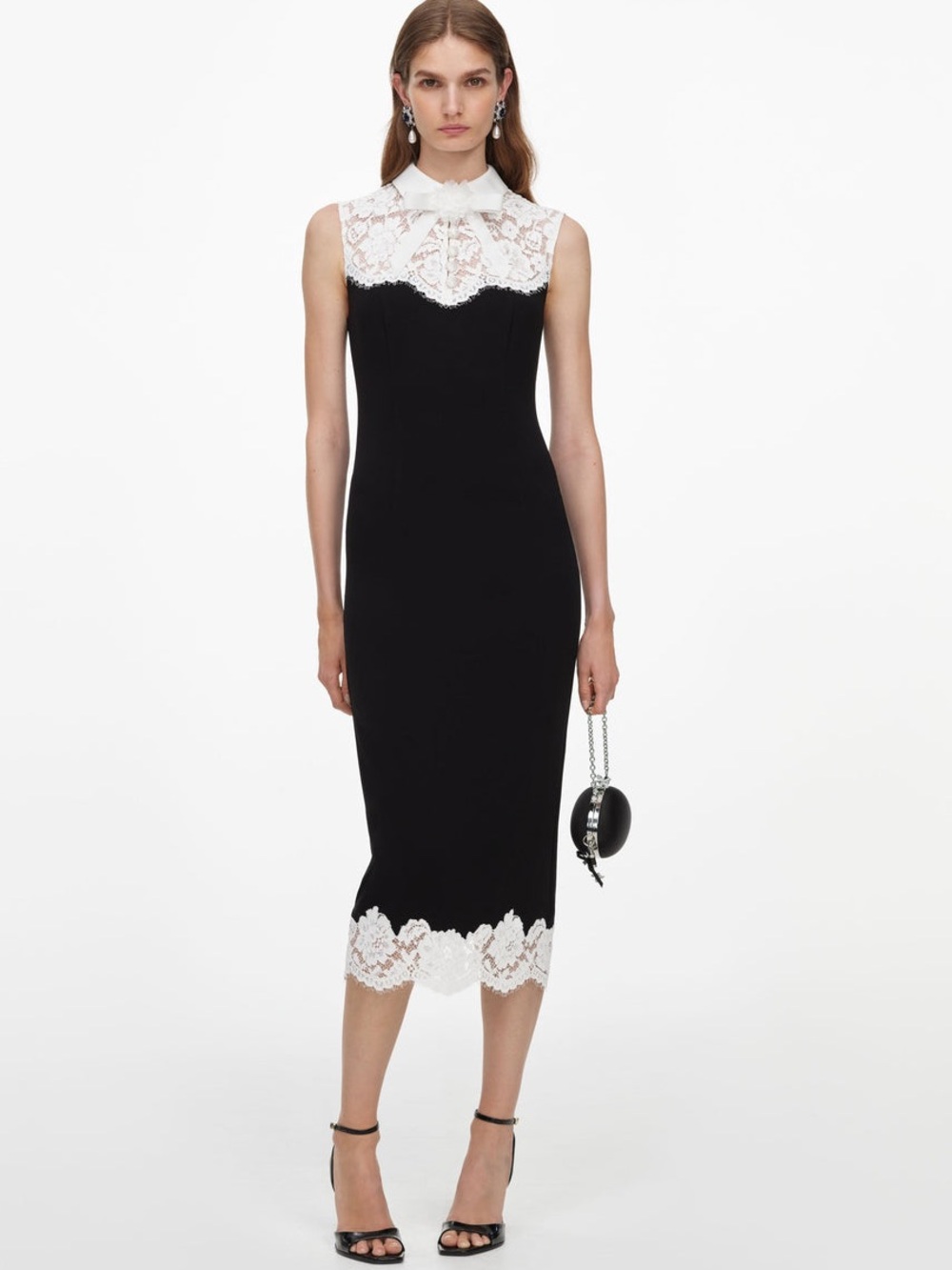 Self-Portrait Black Midi Dress with White Lace Yoke and Hem
